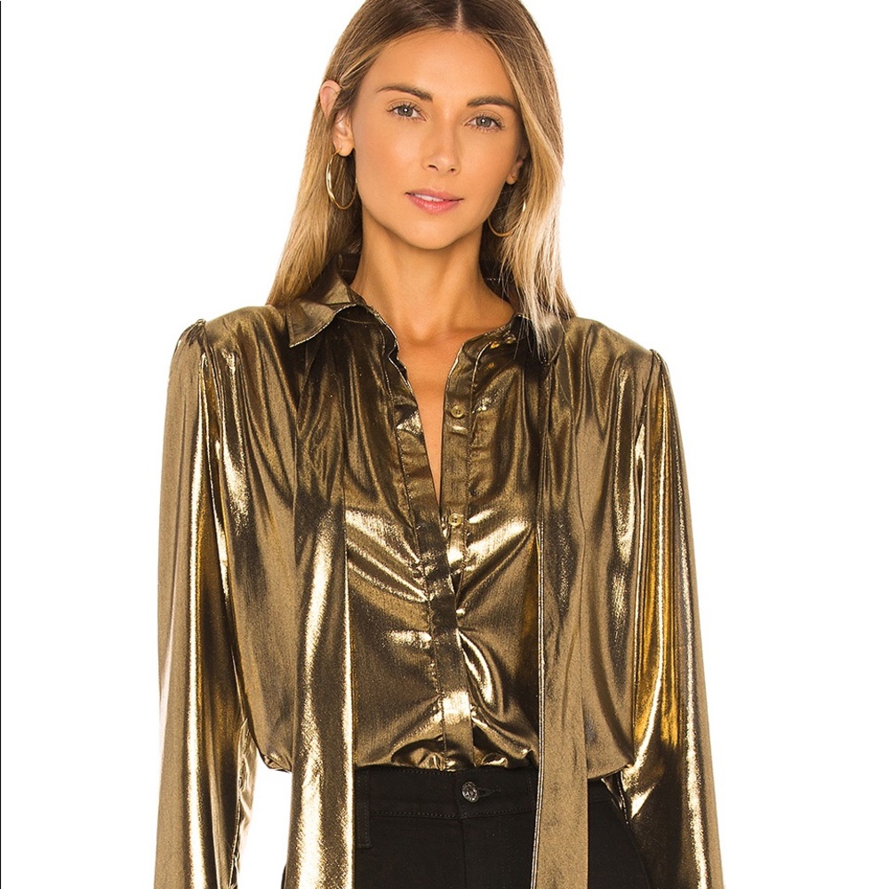 Liquid Gold Foil Satin Tie Neck Blouse